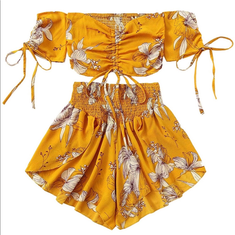 Boho two piece off the shoulder floral outfit